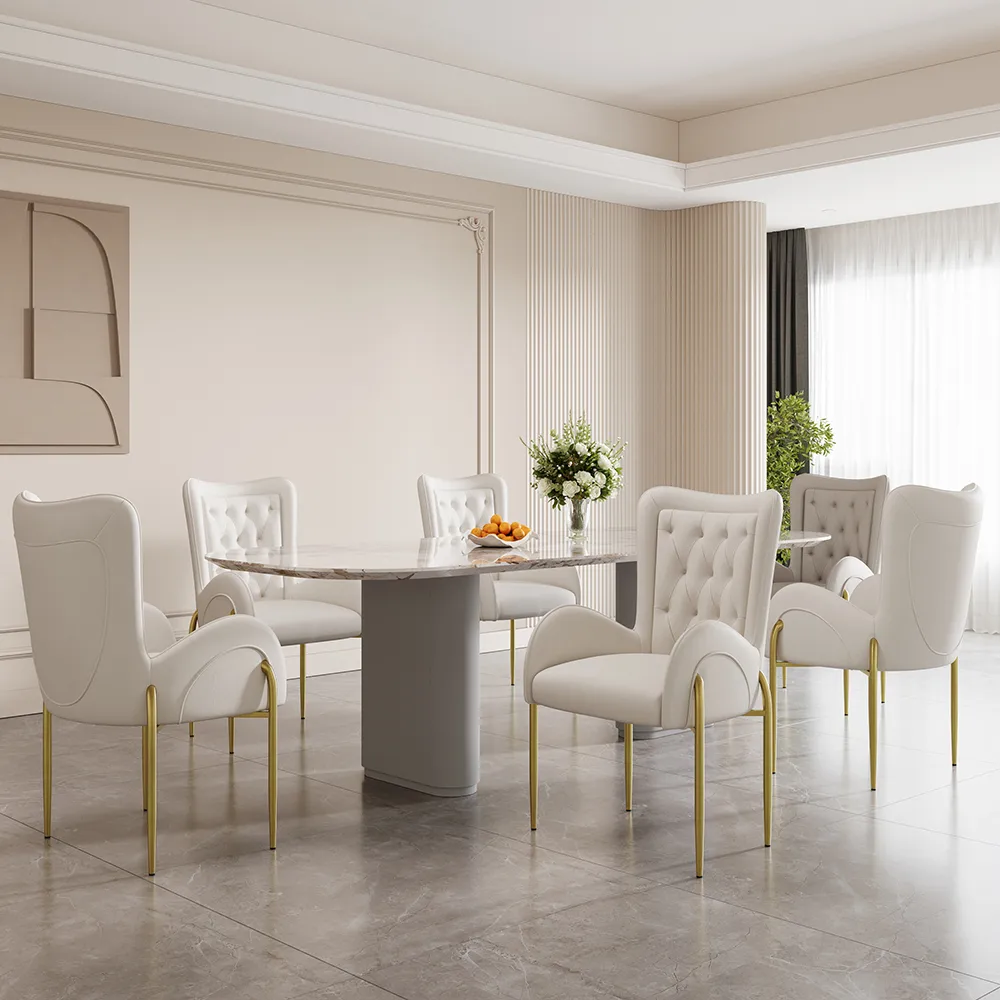 Oakic White PU Leather Upholstered Dining Chair Modern Tufted Wingback Chair with Arm — image 7