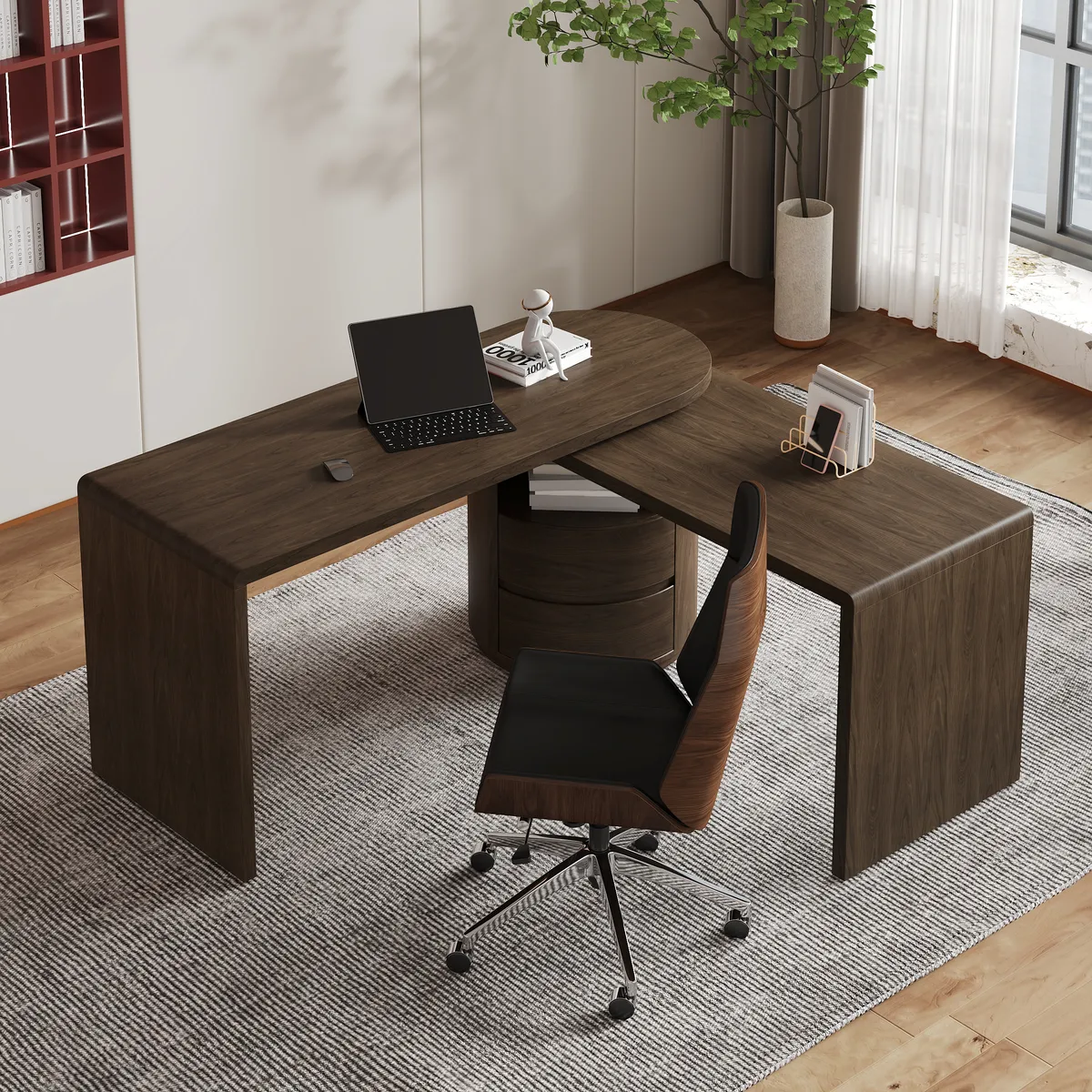 Modern 60" L-Shaped Walnut Office Desk with Drawers, Rotating Design — image 16