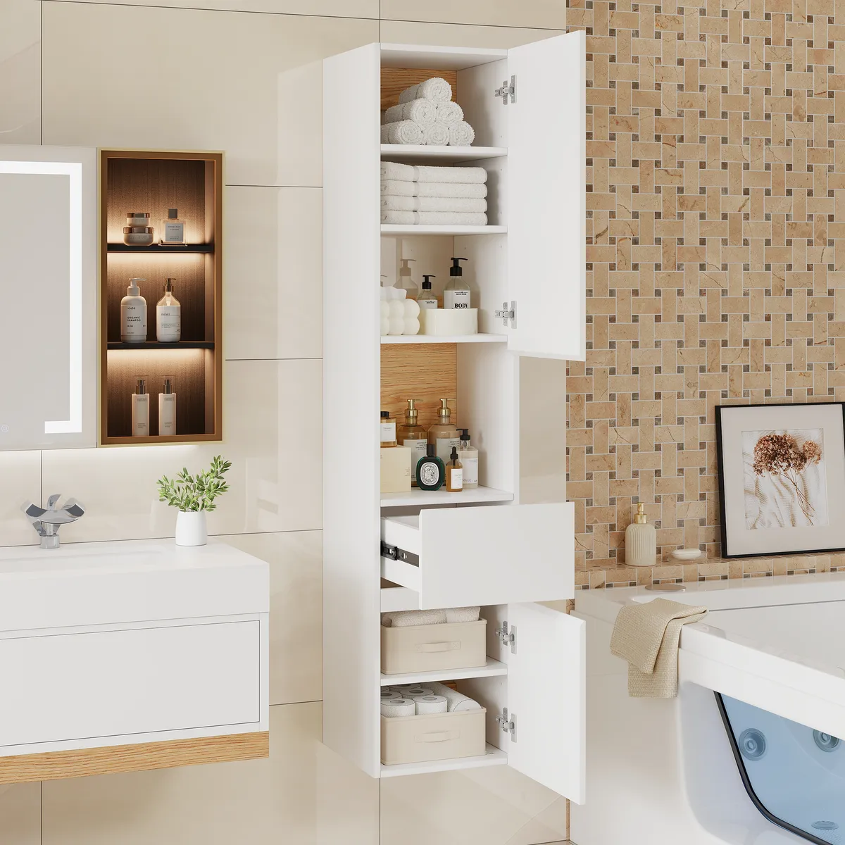 Homary Bathroom Cabinet | High Cabinet Natural & White - 13.8" x 13.8" x 63", With Drawers — image 7