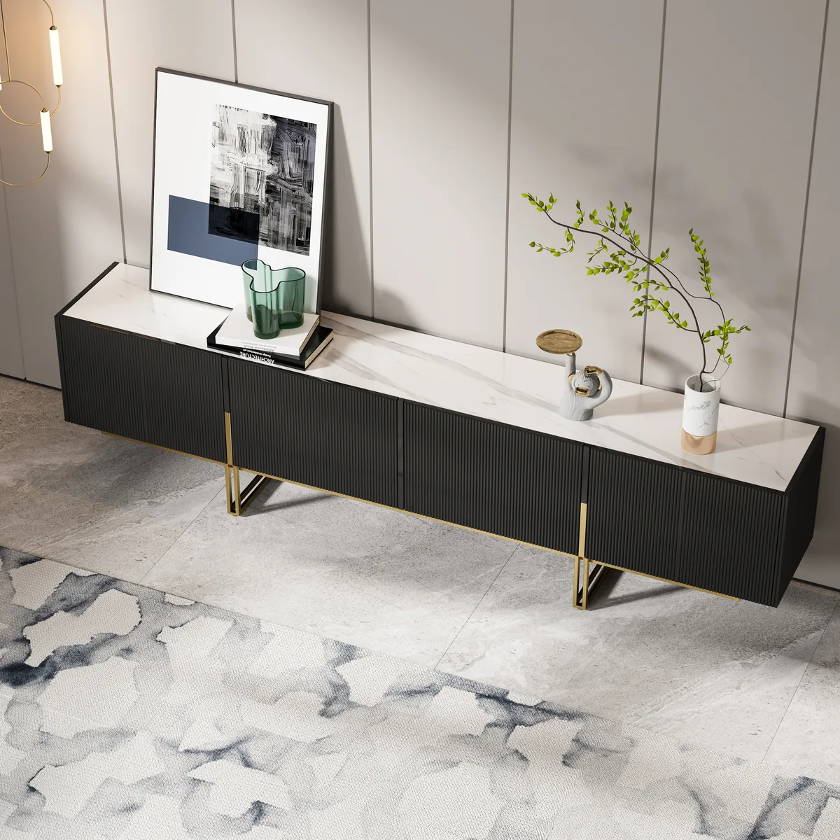 94.5" Living Room Cabinet Set Black TV Stand & Round Glass Nesting Coffee Table with Storage — image 22
