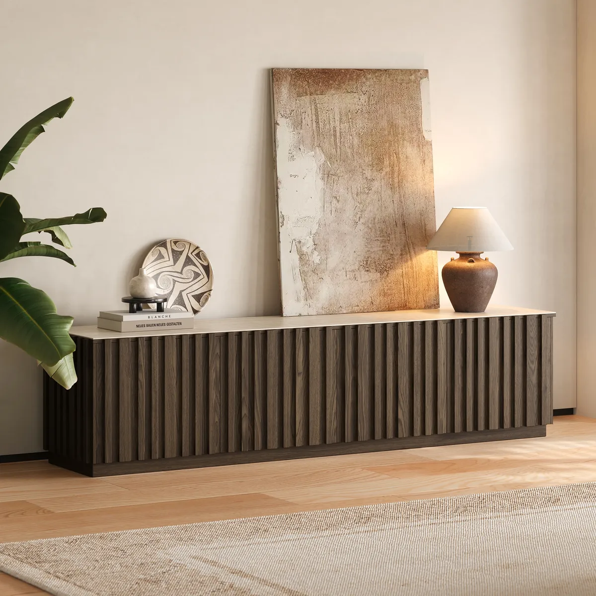 Aura 83" Ash Wood Fluted Smoked Brown TV Stand with Sintered Stone Top — image 4