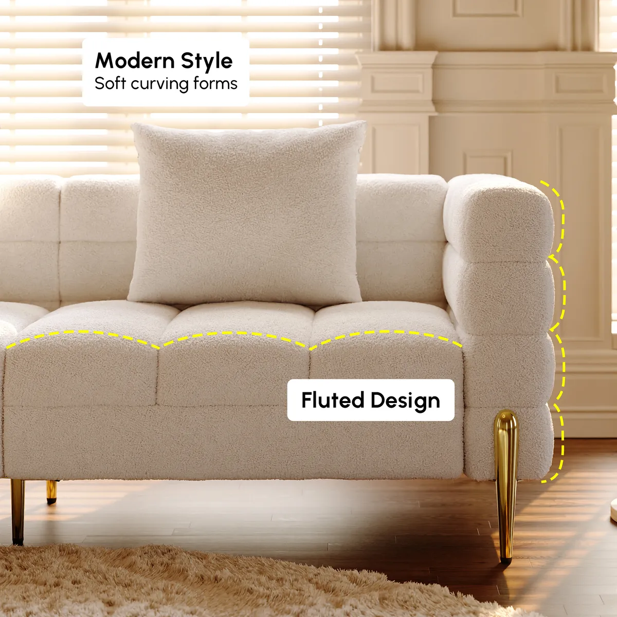 Living Room Couch Set of 2 White Boucle Upholstered Fluted 3-Seater Sofa with Pillows — image 25
