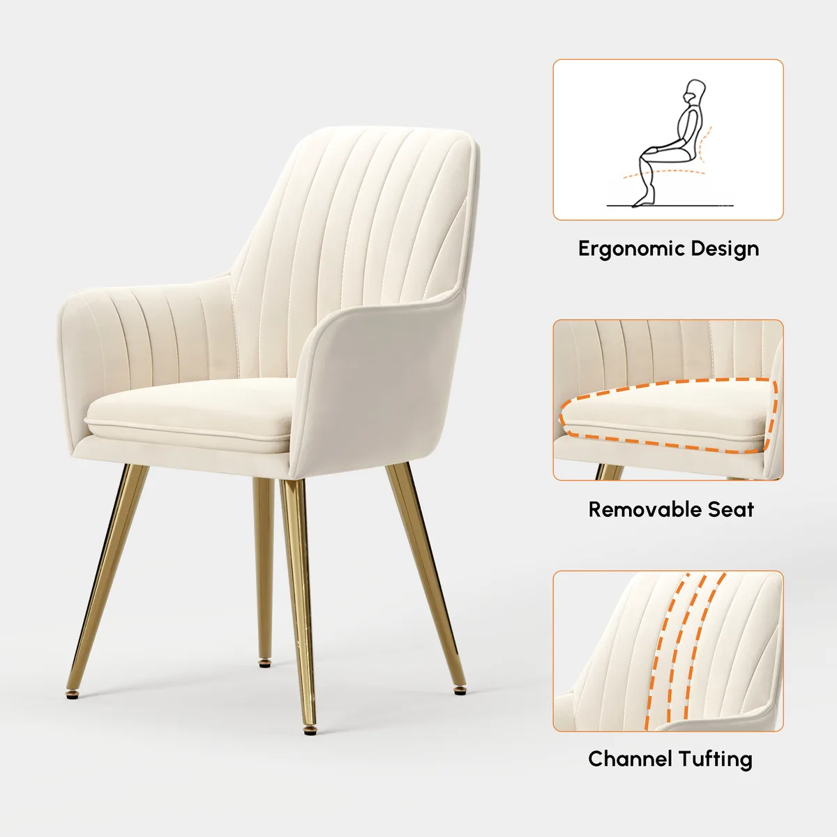 Modern Warm White Velvet Dining Chair with Cushioned Seat — image 15