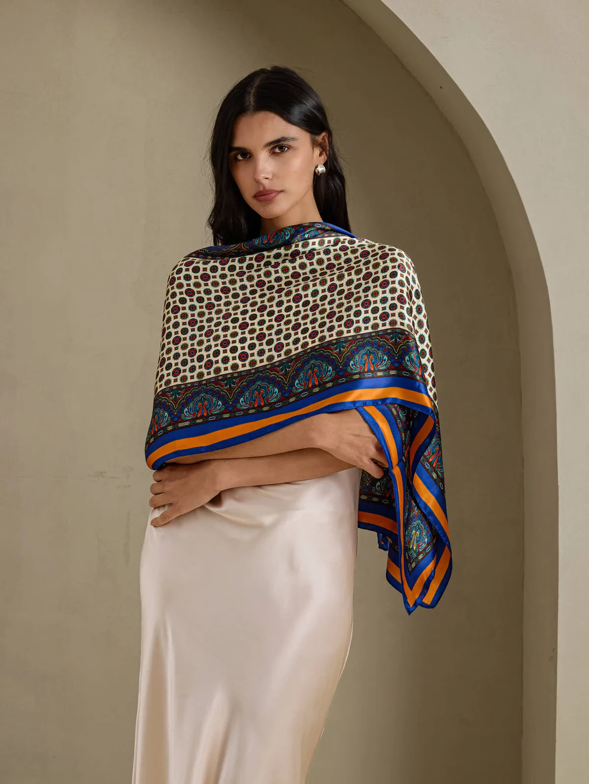 Pure Silk Paisley Geometric Print Long Scarf -Size 170cm x 53cm — image 4