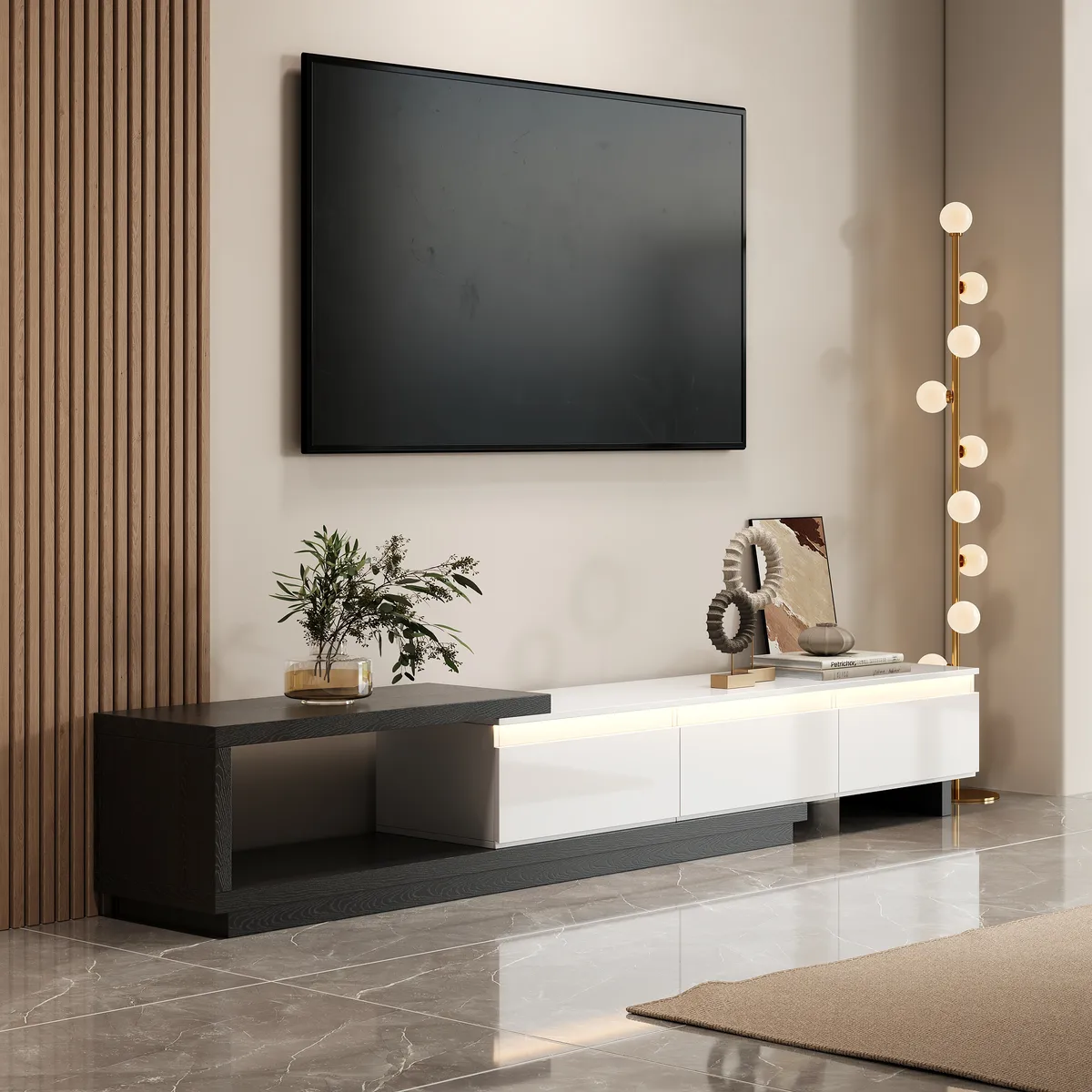 Quoint 100.4" Modern TV Stand Retracted & Extendable 3-Drawer Light Media Console — image 24