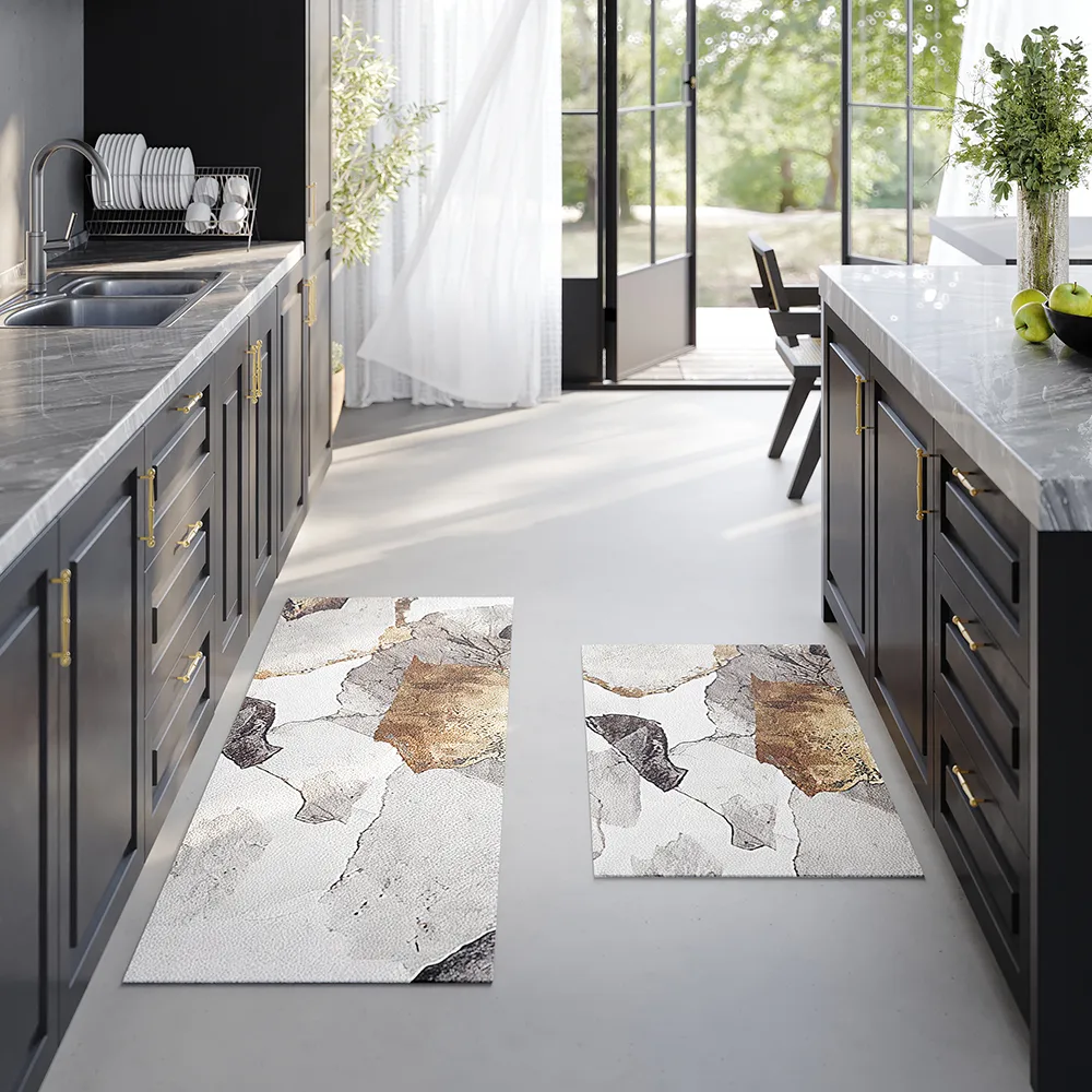 2 Piece Abstract Gold Non-Slip Abstract Kitchen Runner Mat Set Modern Kitchen Rug — image 4