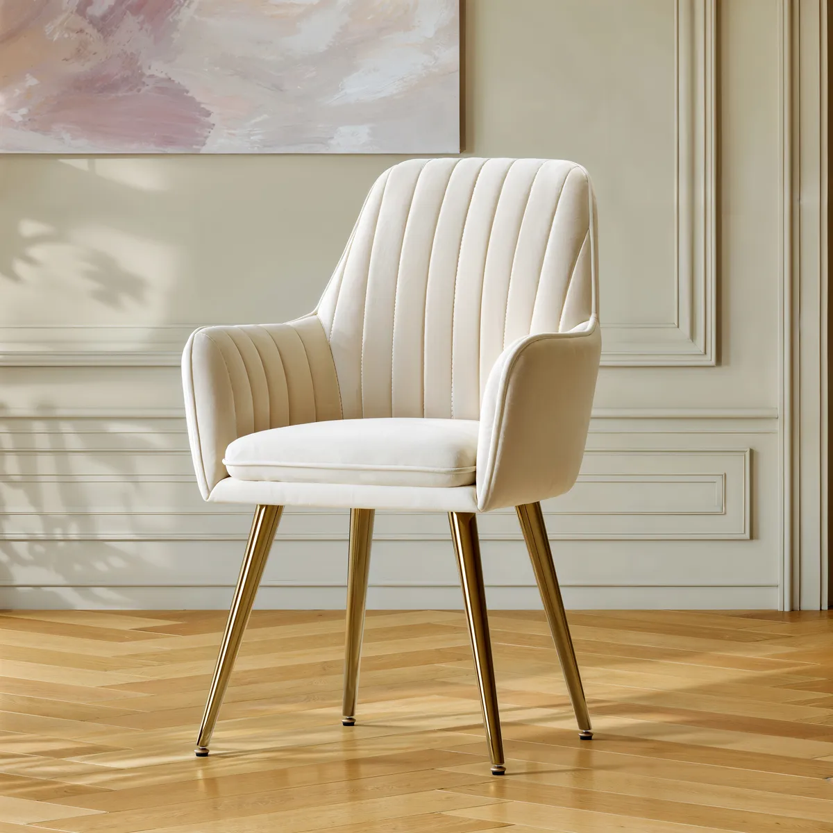 Modern Warm White Velvet Dining Chair with Cushioned Seat — image 18