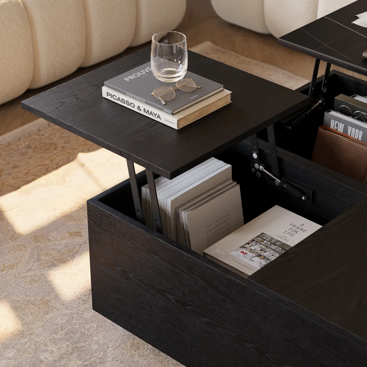 39" Square Lift-Top Wood Travertine Veneer Sintered Stone Top Coffee Table with Storage — image 9