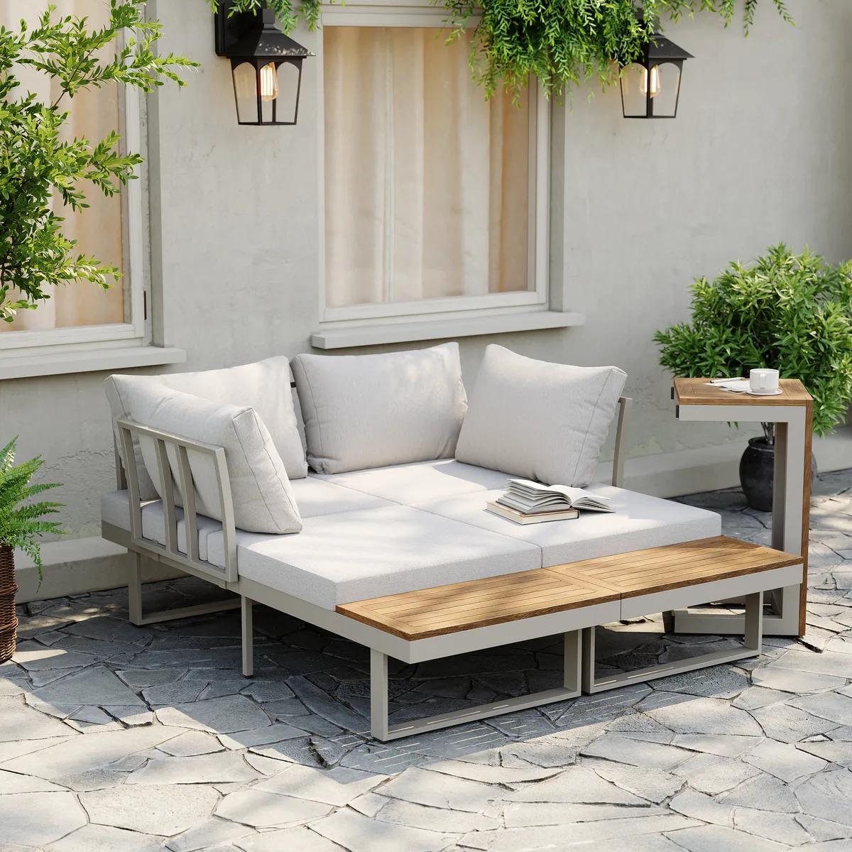 Slatera Outdoor Acacia & Aluminum Modular Sofa Set in Dark Gray with Black Cover — image 17