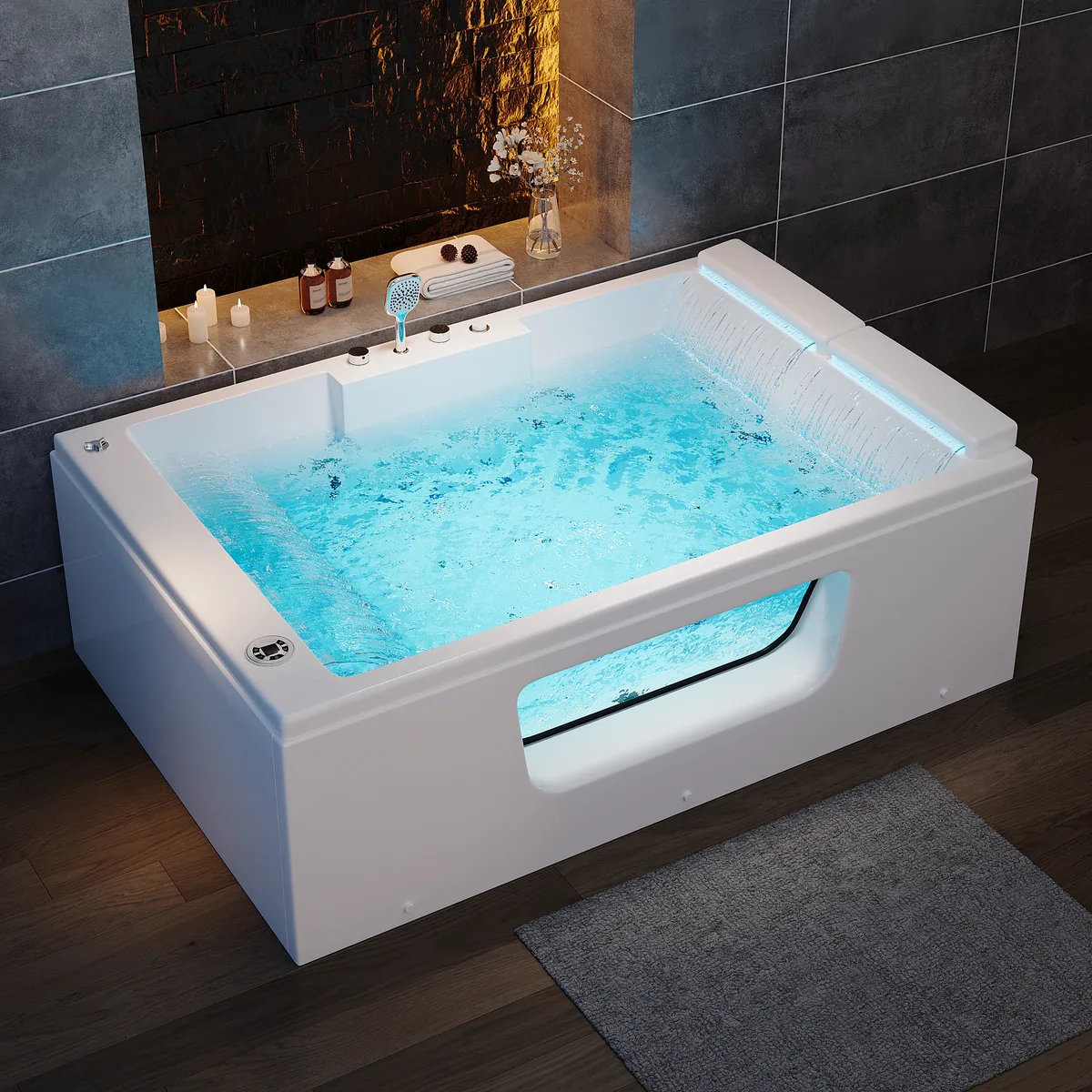 74.4" Acrylic Jetted Whirlpool Bathtub with Thermostat Control & LED-Lit Waterfall Pillow