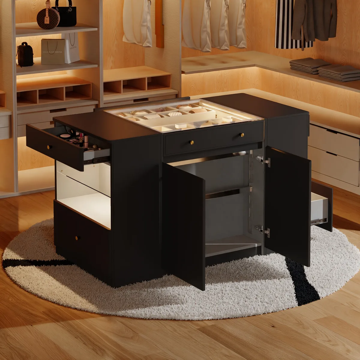 Selvo Saddle Leather Closet Island with Glass Top & Light — image 5