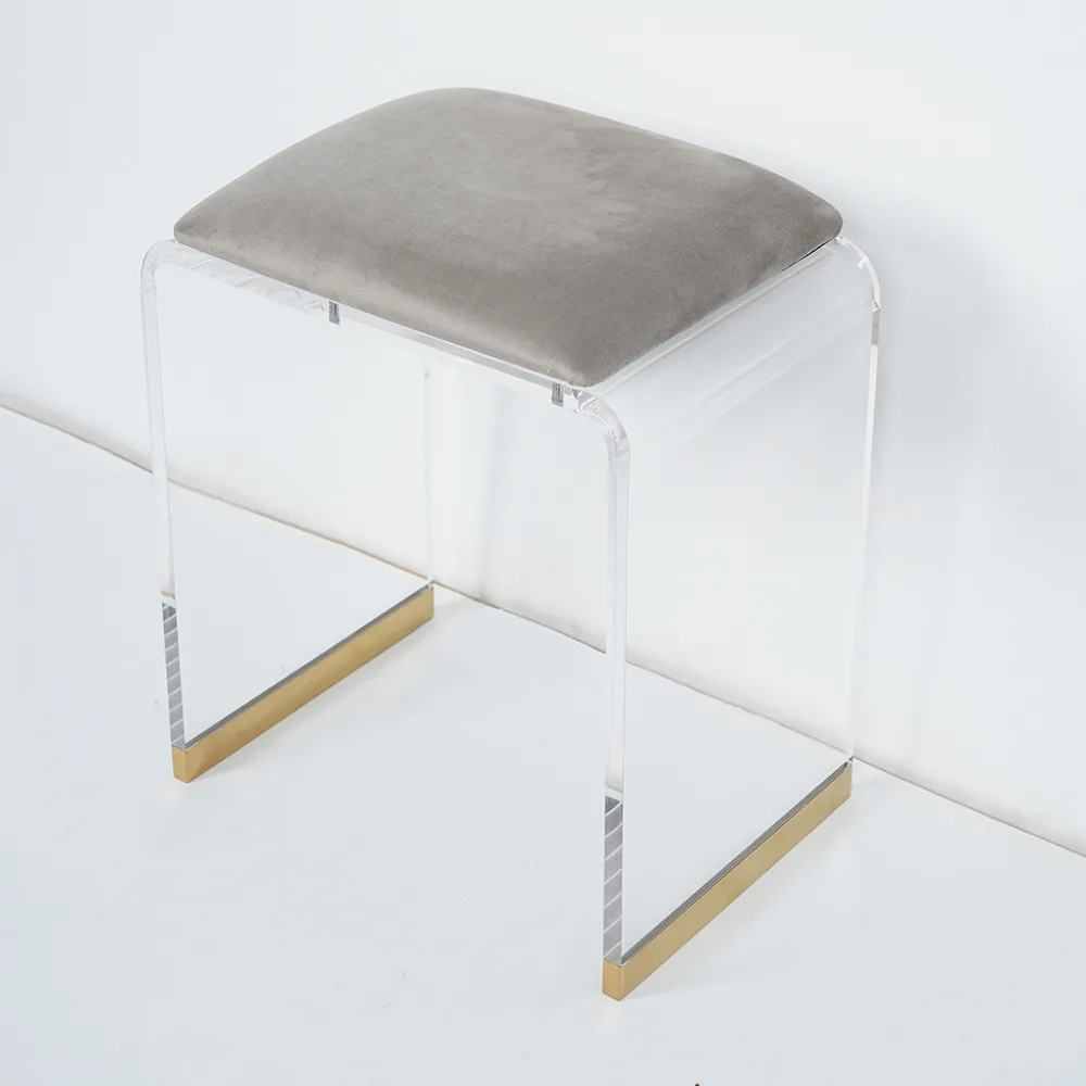 Velvet Upholstered and Acrylic Frame Makeup Vanity Stool Gray and Clear Ottoman — image 9