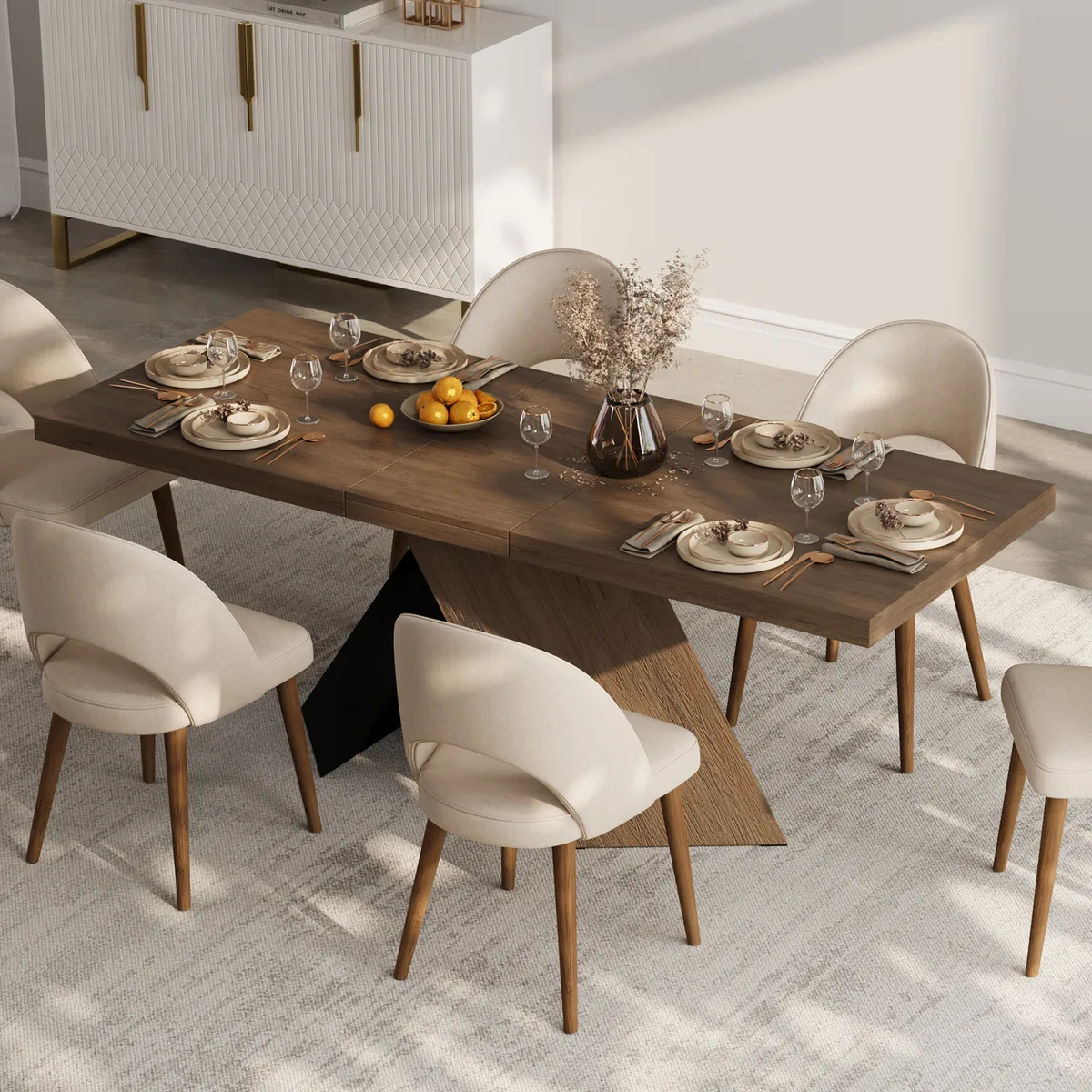 Dining Table Set 64"-79" Rectangle Extendable Dining Table & 4 Archic Japandi Rattan Dining Chairs