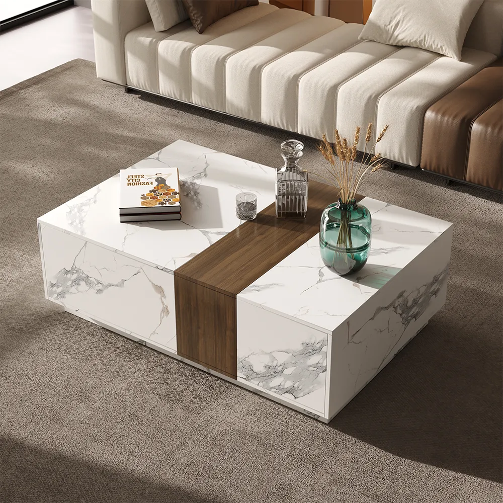Modern Living Room Couch Set Fabric L-Shaped White Modular Sectional Sofa & Wood Block Coffee Table — image 24