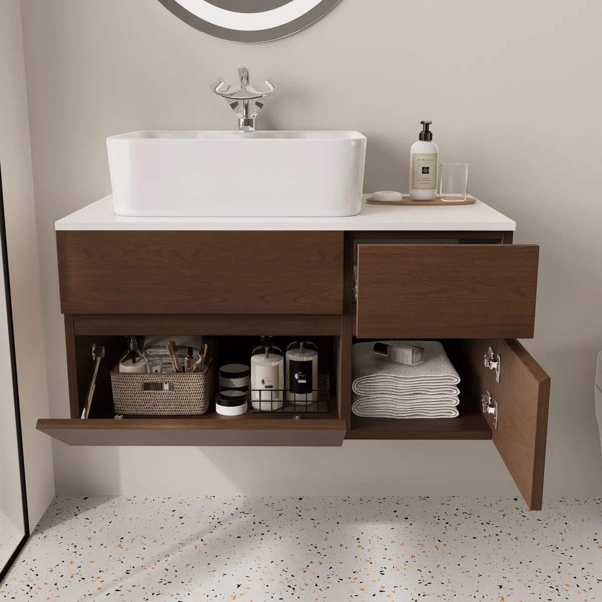 31.5" Walnut Floating Bathroom Vanity Left Offset Ceramic Vessel Sink — image 23