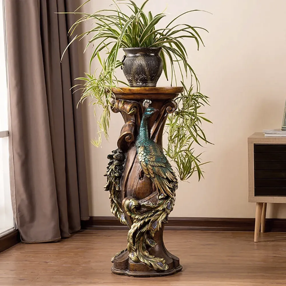 32.5" Rustic Resin Peacock Plant Stand Indoor Multi-Colored Freestanding Planter