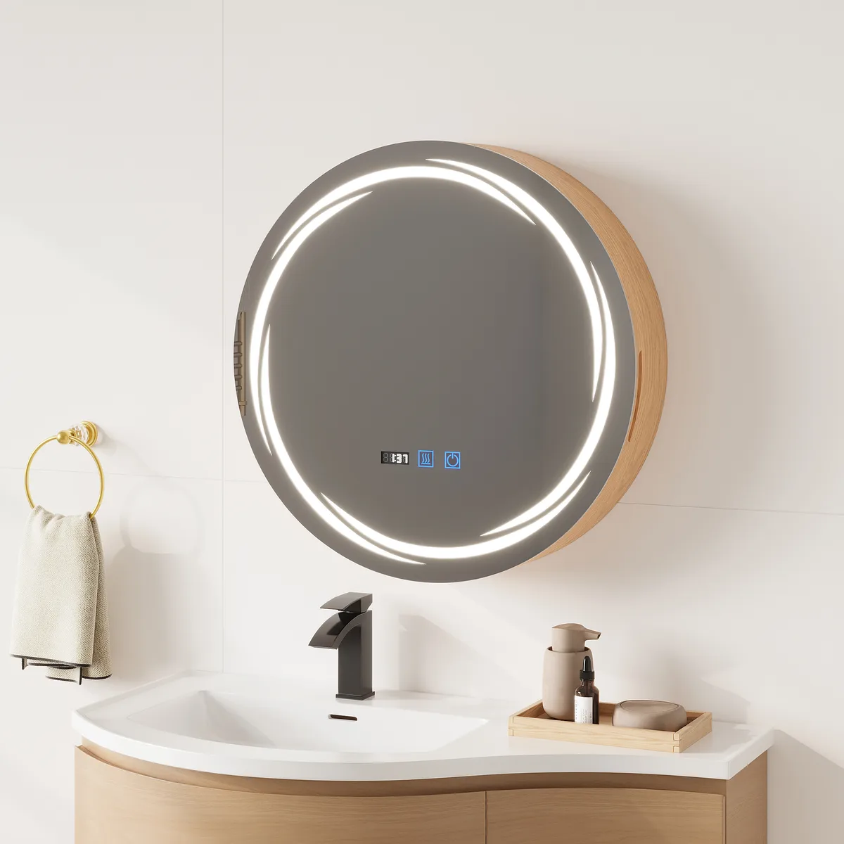 24" Round LED Walnut Medicine Cabinet with Storage, Anti-Fog, Dimmable — image 11