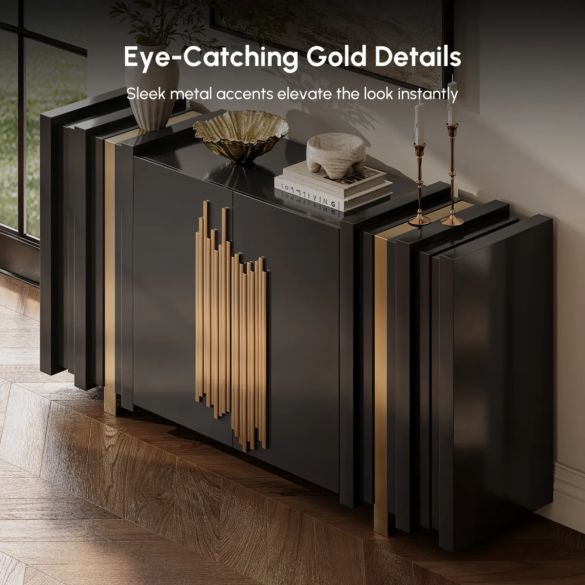 Aurea 63" Light Luxury Sideboard Black Rectangular Buffet with 2 Doors 2 Shelves — image 3