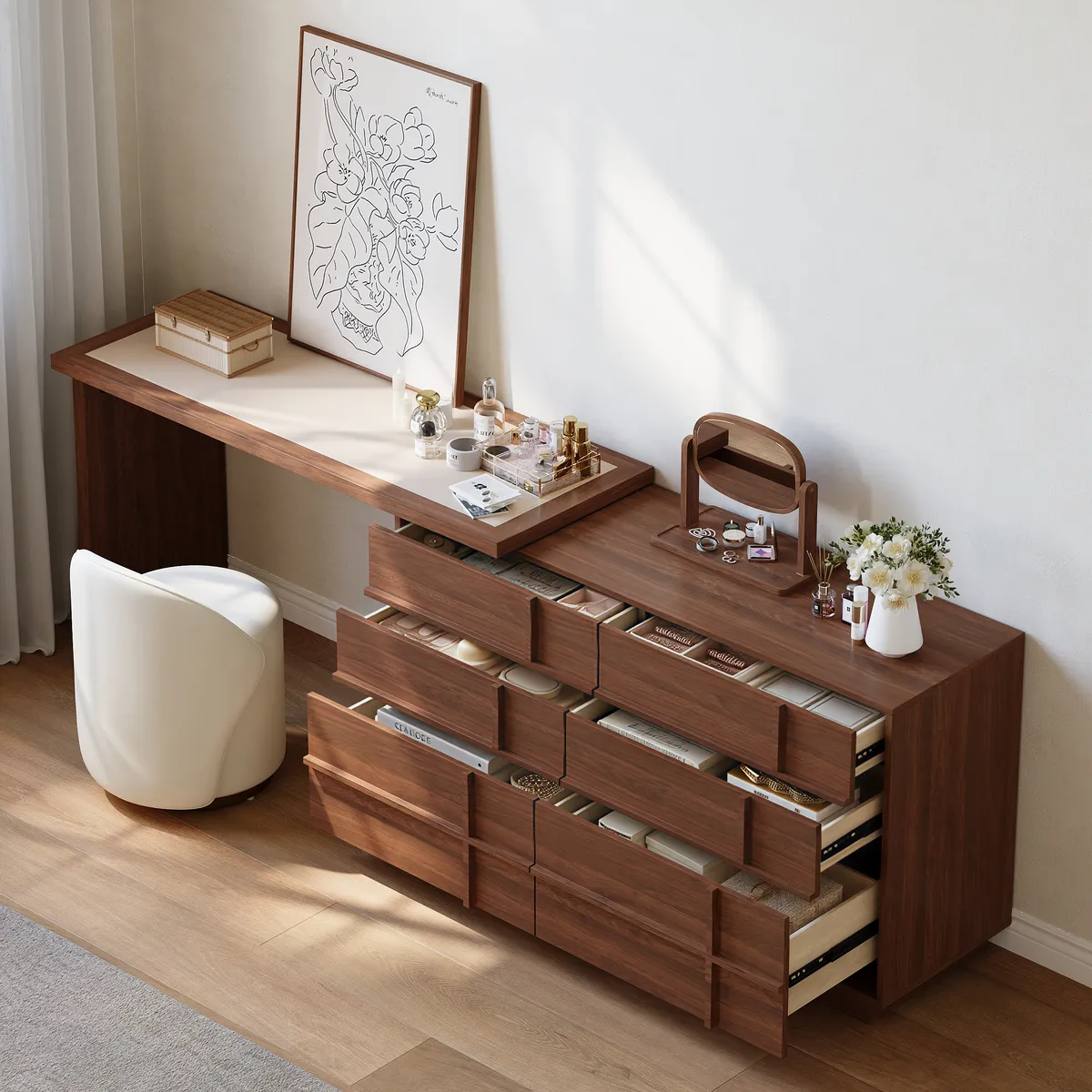 Panvyr Wooden Extendable L-Shaped Makeup Vanity Dresser with Vanity Mirror (49"–94") — image 5