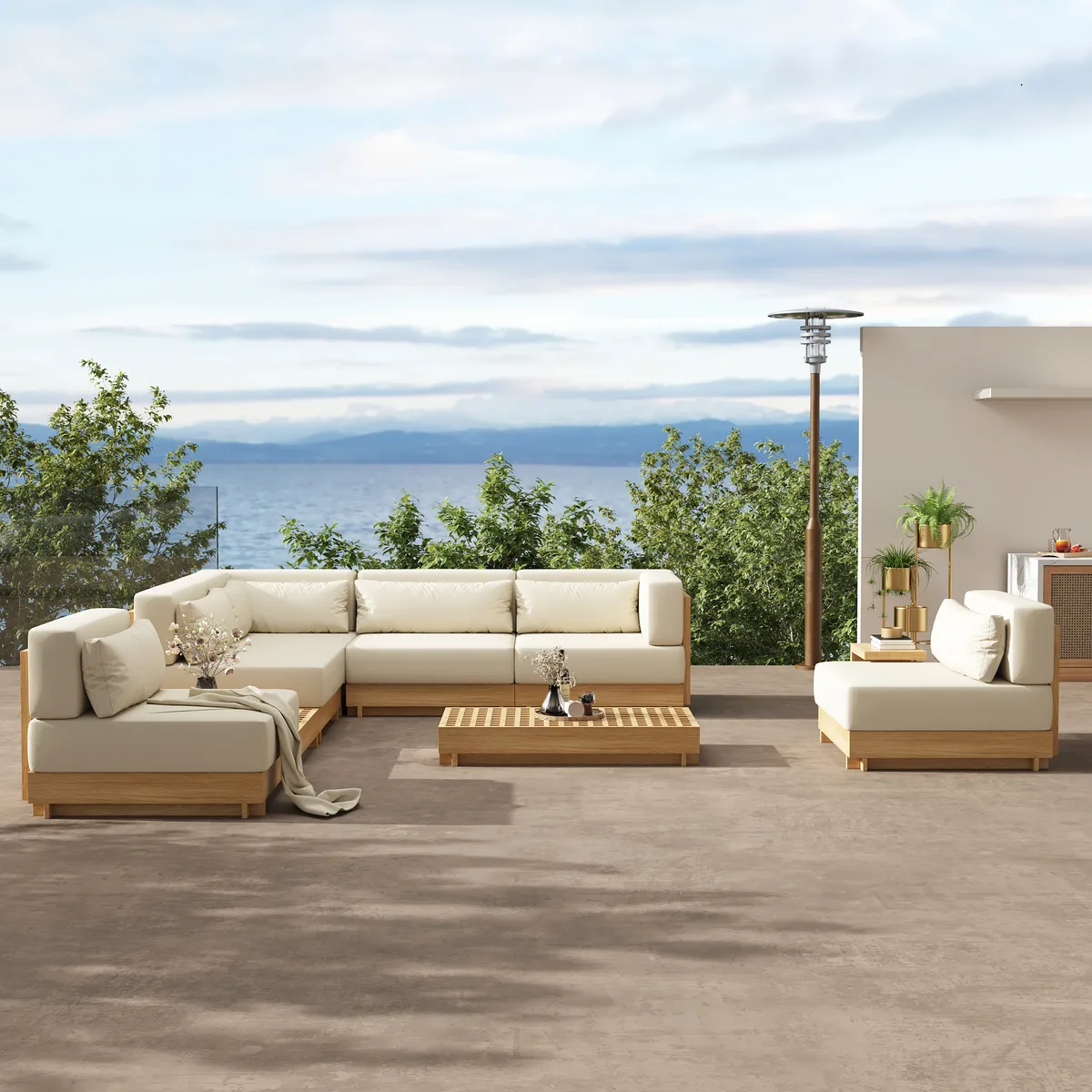 Grida 9-Piece Teak Luxury Modular L-Shaped Outdoor Patio Sectional Sofa Set in Gray with Coffee Table and Cushions — image 22