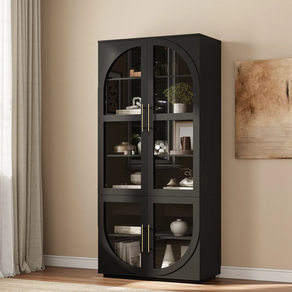 Arune Glass Tall Display Cabinet with Drawers & LED Light — image 2