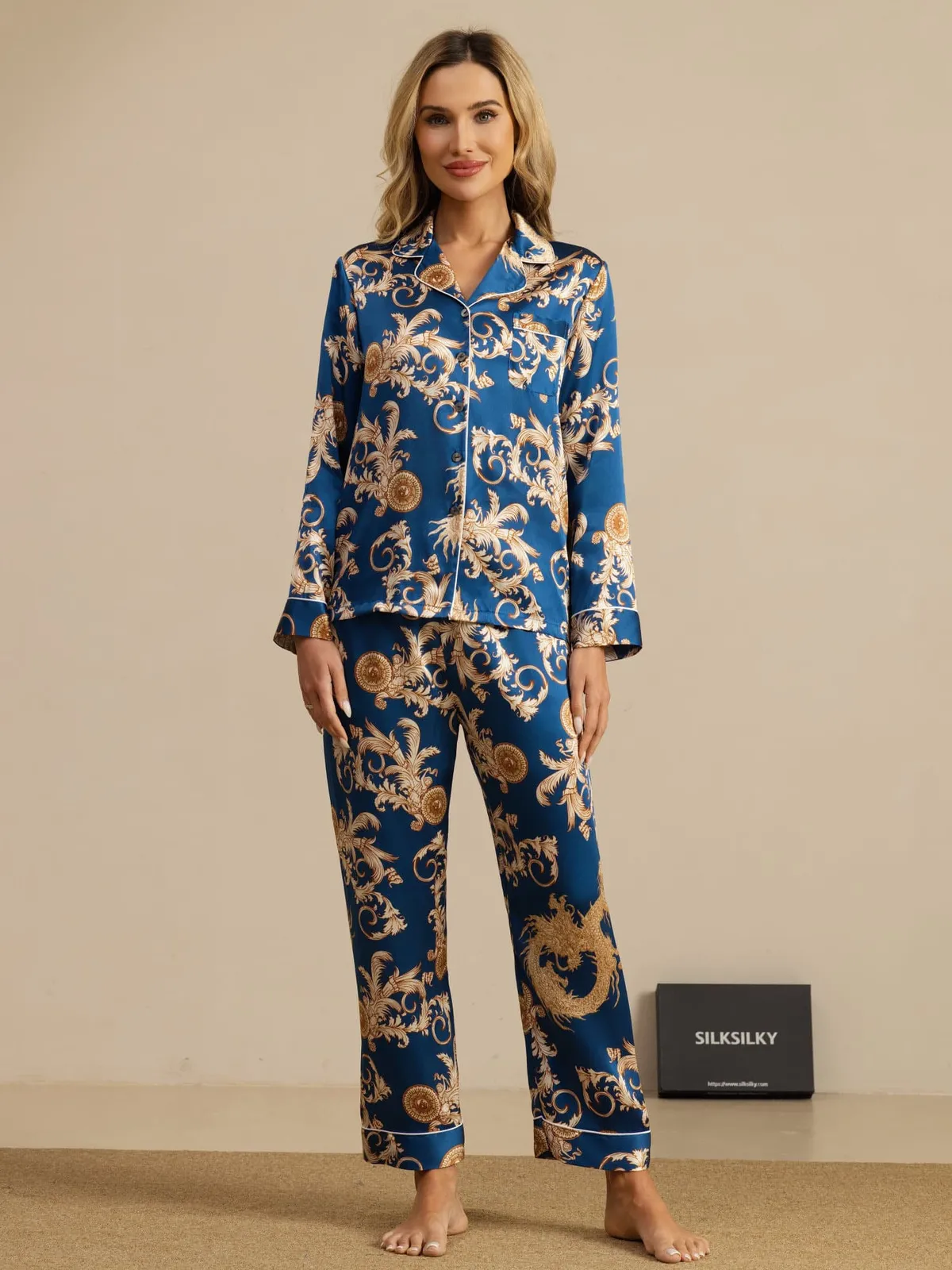 100% Mulberry Silk Dragon Print Long Sleeve Notch Collar Women's Pajamas Set With Pants — image 3