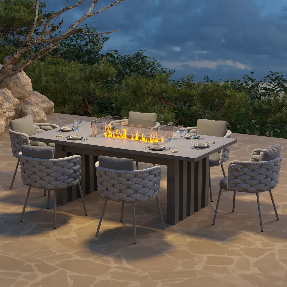 7 PCS Outdoor Propane Fire Pit Table & Rope Woven Armchair Rectangular Outdoor Dining Set Modern Yard &Ptio Furniture for 6 Person
