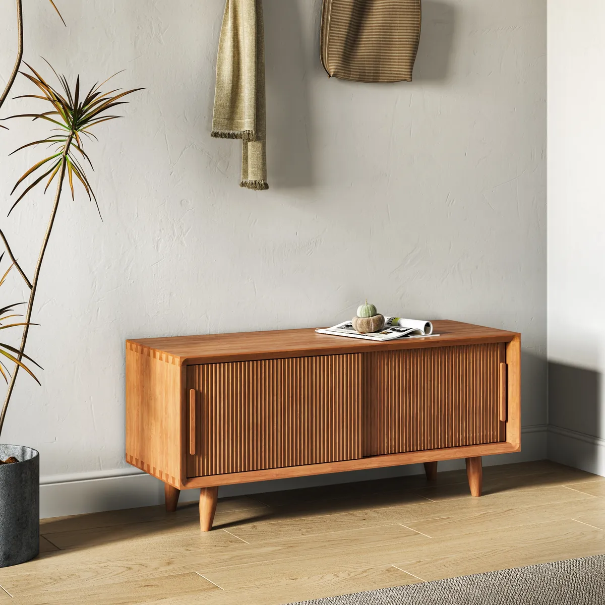 47.2" Solid Rubberwood Natural Entryway Bench with Storage — image 5