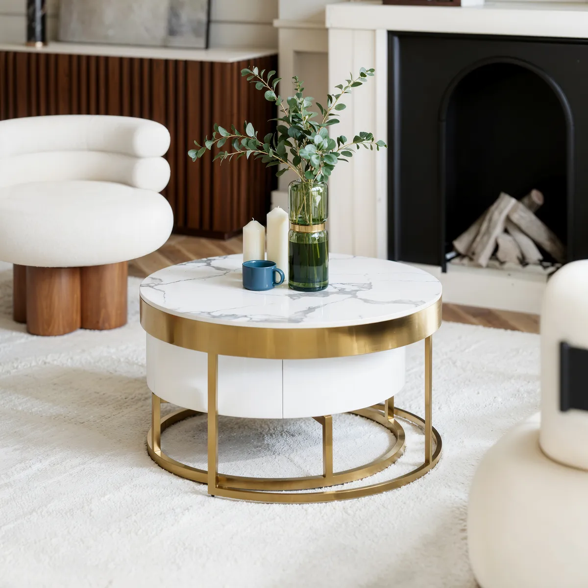 Nesnesis 28"-32" Round Nesting Walnut Coffee Table Set with Sintered Stone Top — image 13