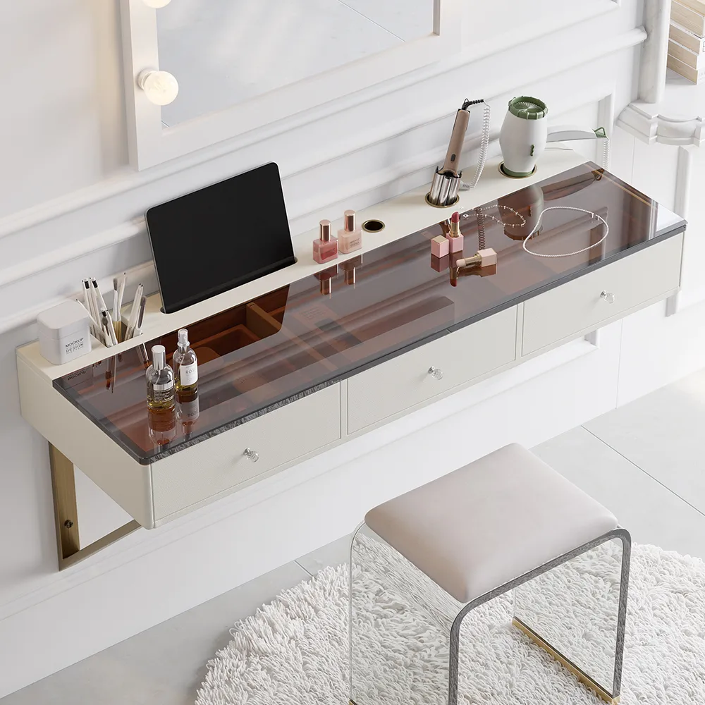 Modern Floating Makeup Vanity with Tempered Glass Top & Drawers Wall Mounted Beauty Station
