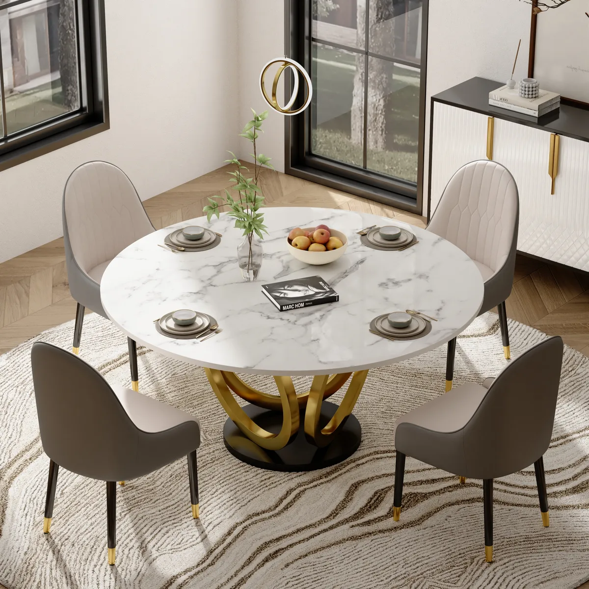 Dining Table Set 53.1" Faux Marble Dining Table White with 4 Velvet Chairs Modern — image 25