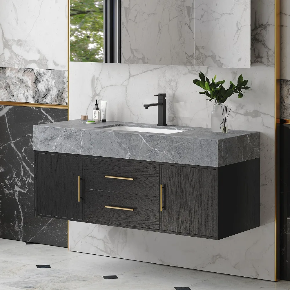 59" Double Sink Bathroom Vanity with Gold Handles – Walnut Modern Floating Vanity — image 23