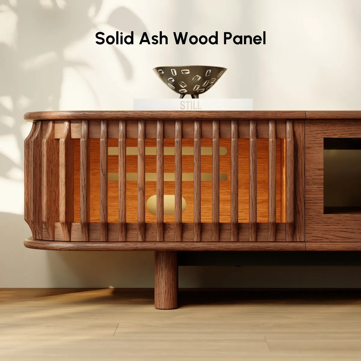 80" Ash Wood Fluted Walnut Projector TV Stand with LED — image 9