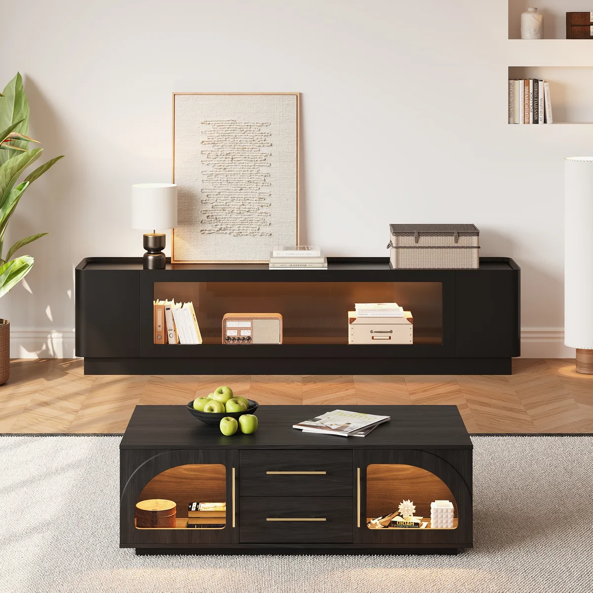 79'' Glass Door TV Stand Mid Century Modern Wood Media Console with Storage & LED — image 6