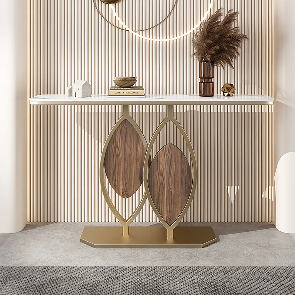 39.4" White Console Table Wooden Accent Table For Entryway with Sintered Stone Top & Abstract Base in Rose Gold & Walnut Finish — image 2