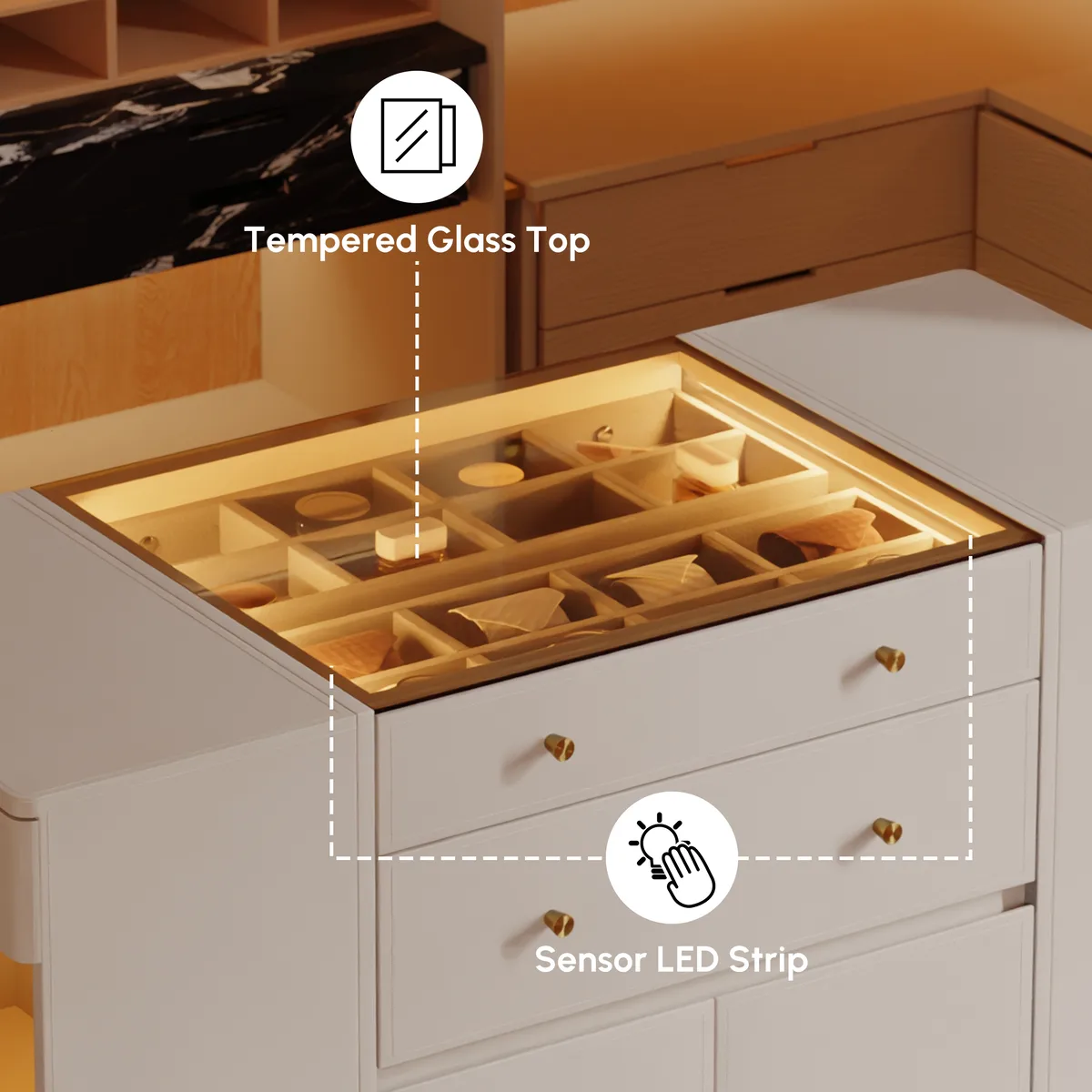 Selvo Saddle Leather Closet Island with Glass Top & Light — image 19