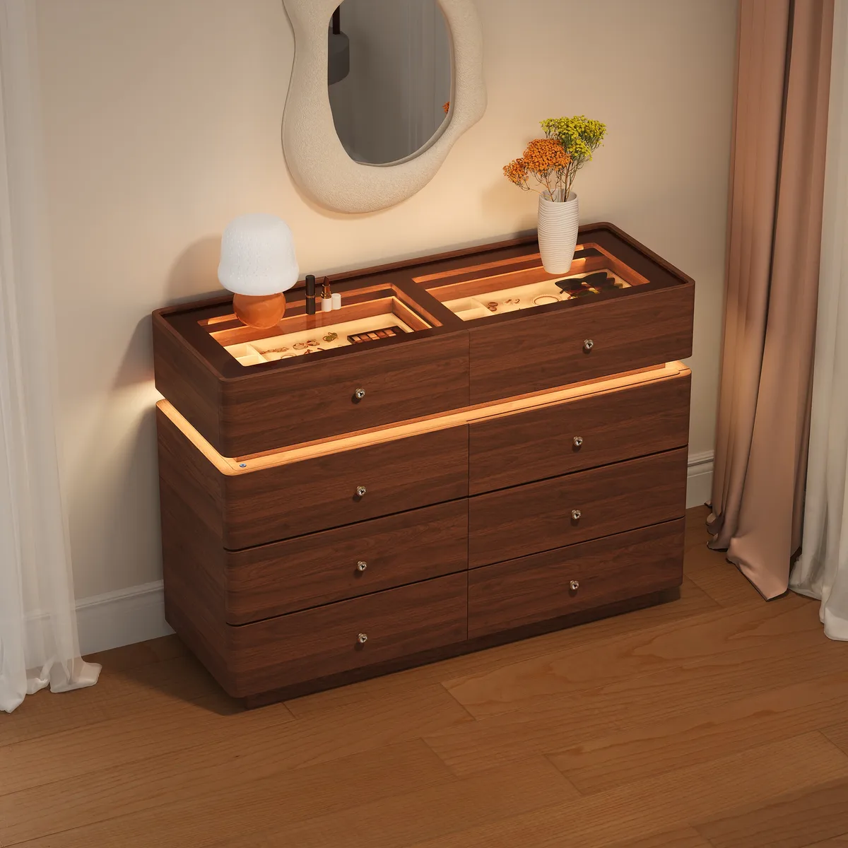 47" Glass Top Walk-in Closet Island 8-Drawer Dresser with Light — image 12