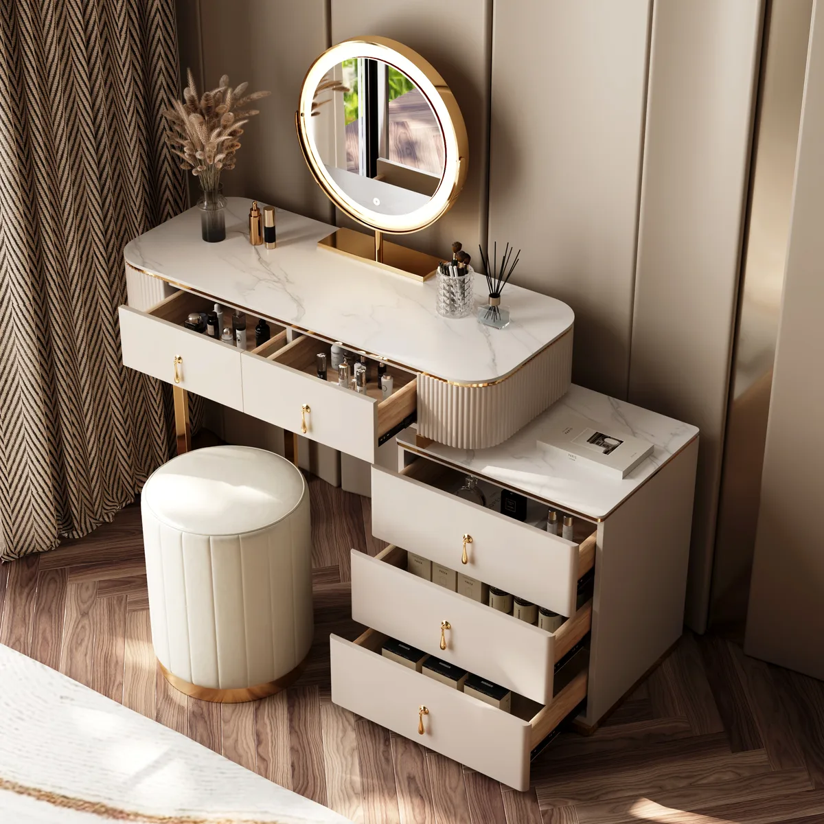 Nordic Makeup Vanity Extendable with 5-Drawer Dressing Table with Stone Top in Champagne — image 4