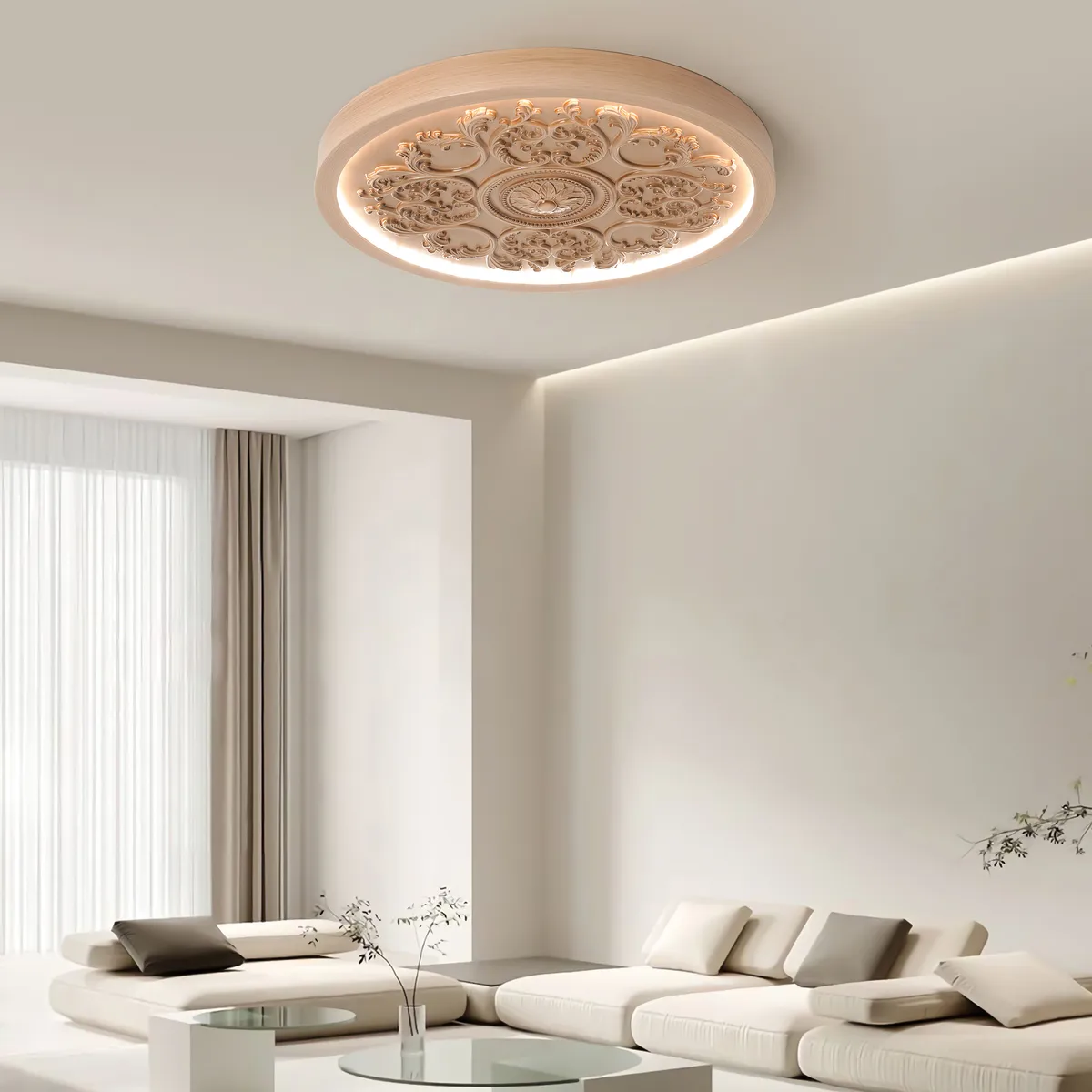 French Elegant White Resin 3D Carved LED Dimmable Flush Mount Ceiling Light — image 3
