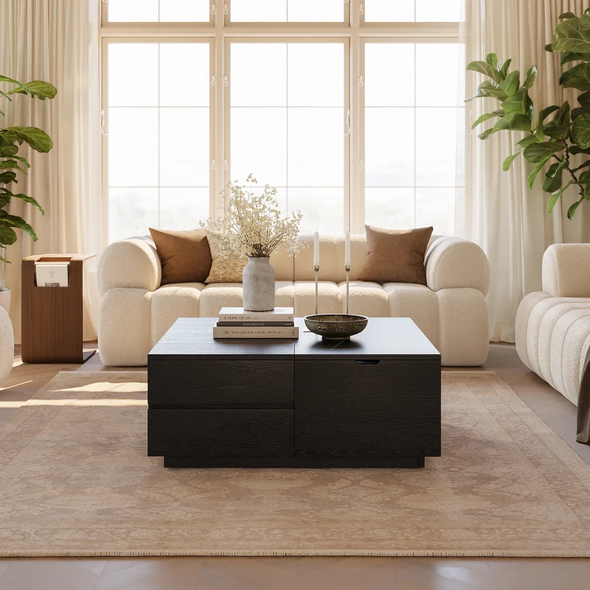 39" Square Lift-Top Wood Travertine Veneer Sintered Stone Top Coffee Table with Storage — image 8