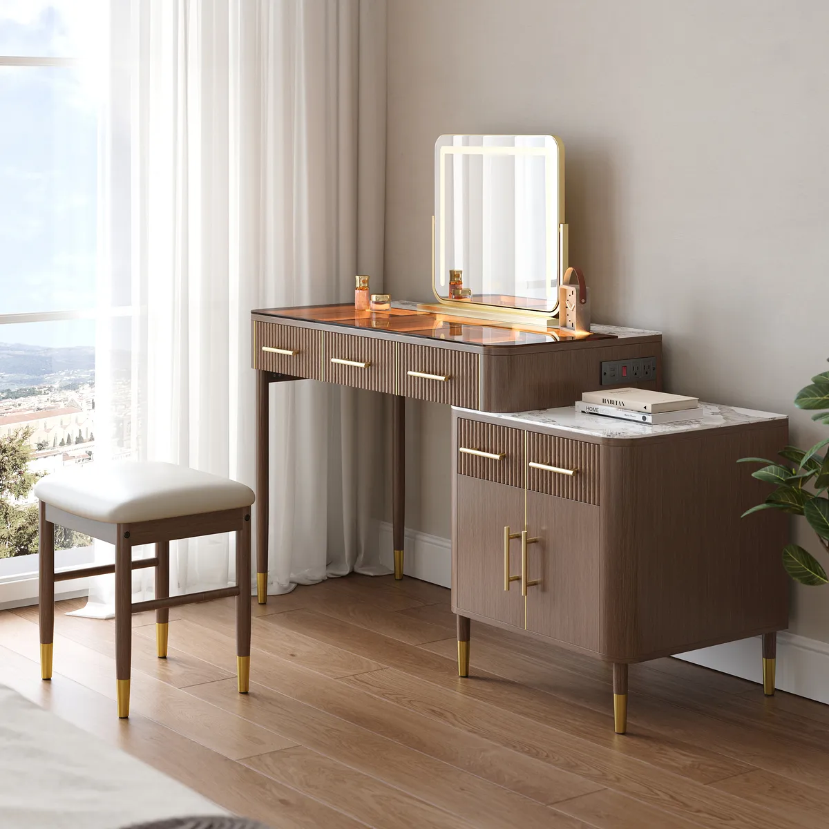 White Makeup Vanity Set with Lighted Mirror & Stool Mid Century Modern Dressing Table with Glass Top — image 4