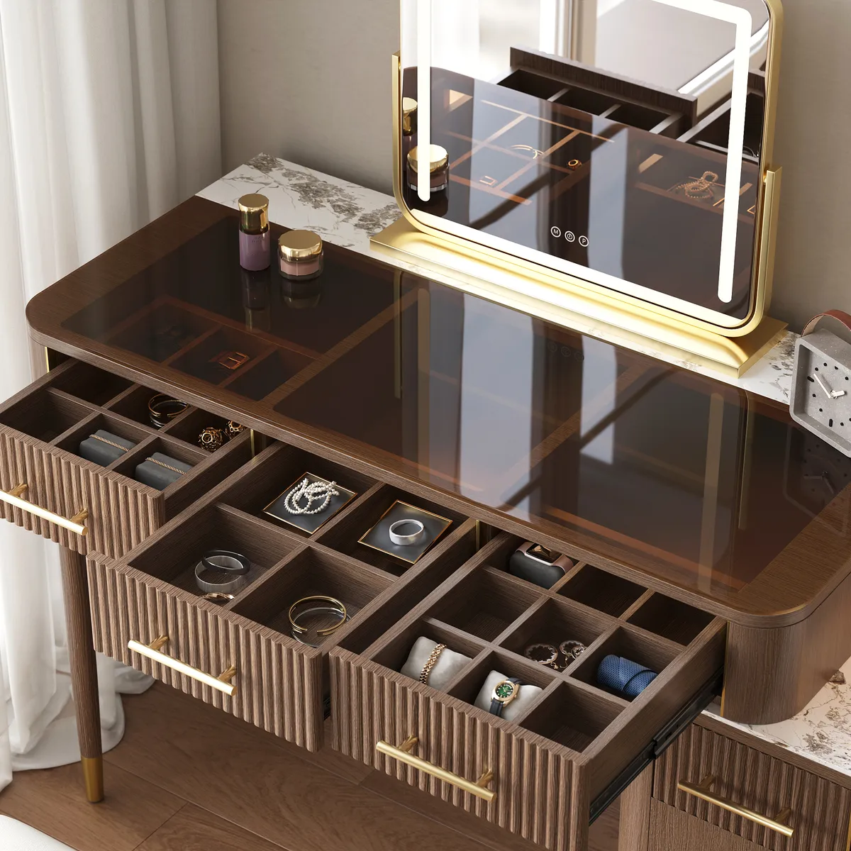 White Makeup Vanity Set with Lighted Mirror & Stool Mid Century Modern Dressing Table with Glass Top — image 9
