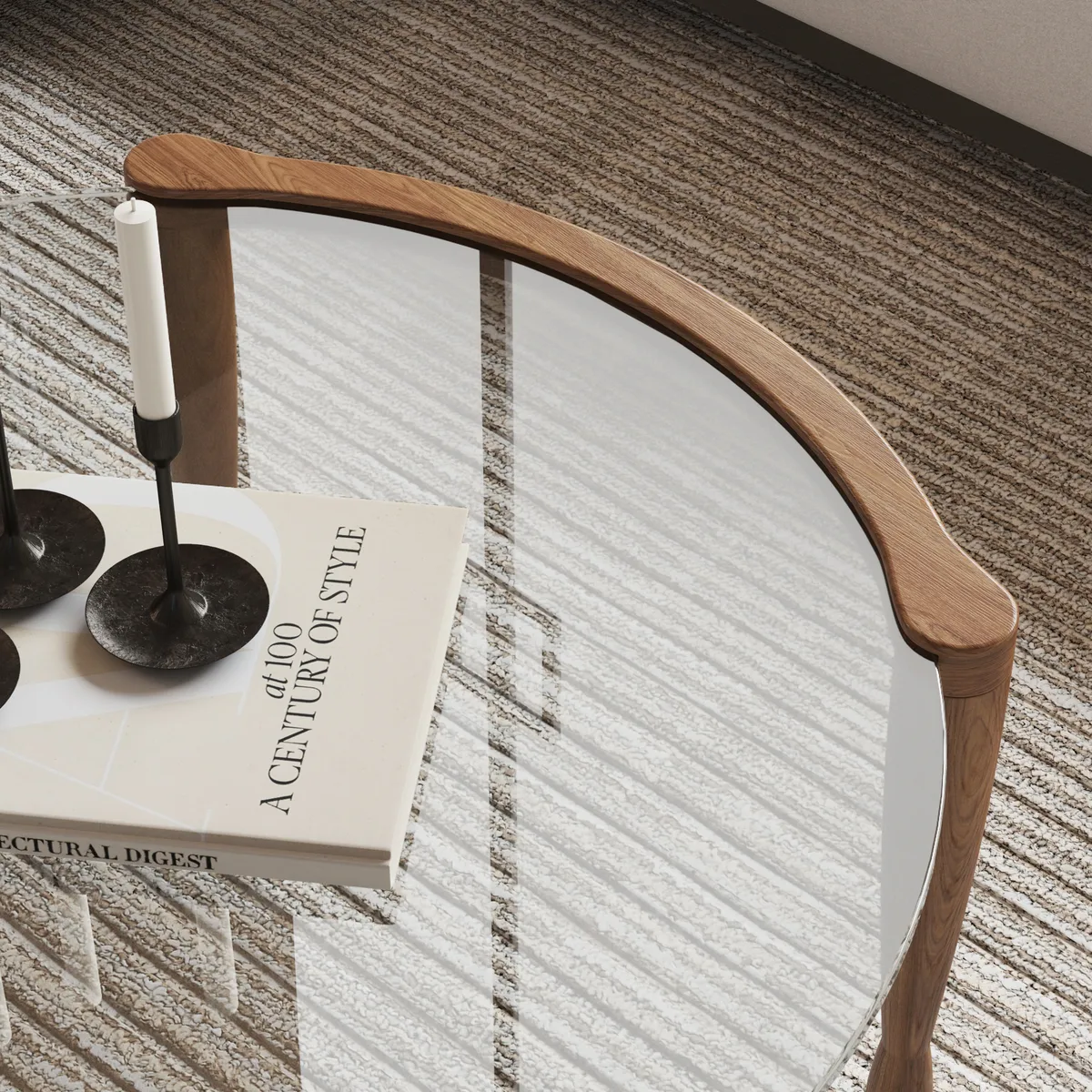 Mid Century Modern Glass and Walnut Round Coffee Table with Wood Legs — image 8