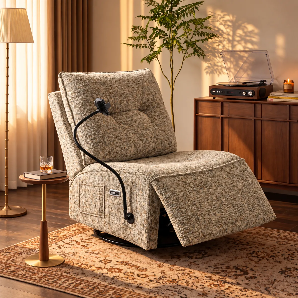 Performance Linen Power Swivel Rocker Recliner Accent Chair with Phone Holder — image 11