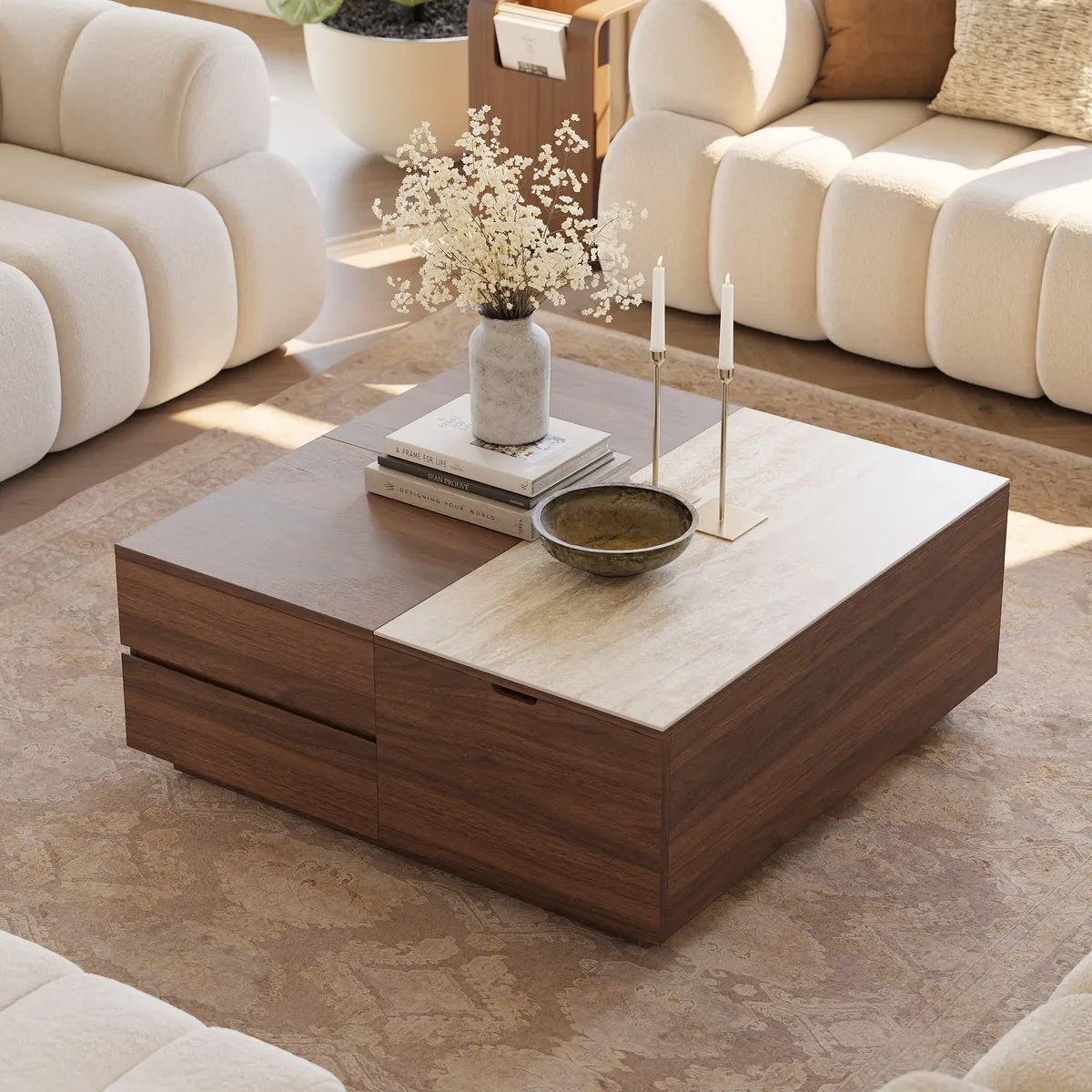 39" Square Lift-Top Wood Travertine Veneer Sintered Stone Top Coffee Table with Storage — image 12