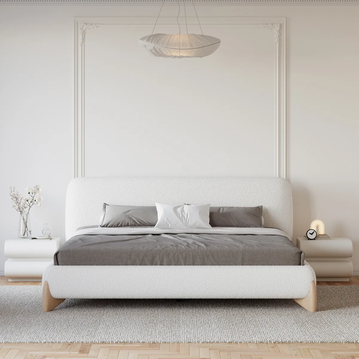 Modern White Boucle Platform Bed King Size Bed Frame & 2-Drawer Smart Boucle Nightstand
