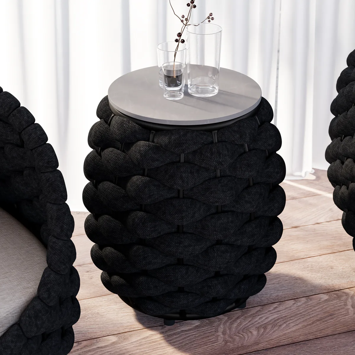 Cocaro Outdoor Rope-Woven Side Table with Storage & Slate Top in Dark