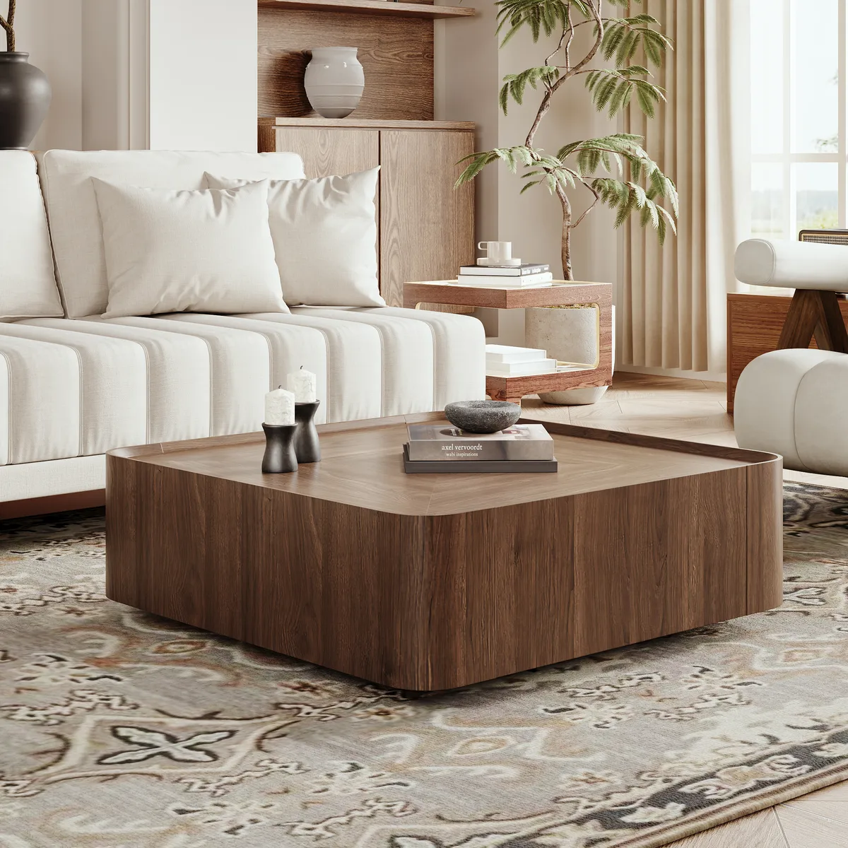 Modern Living Room Couch Set Fabric L-Shaped White Modular Sectional Sofa & Wood Block Coffee Table — image 6