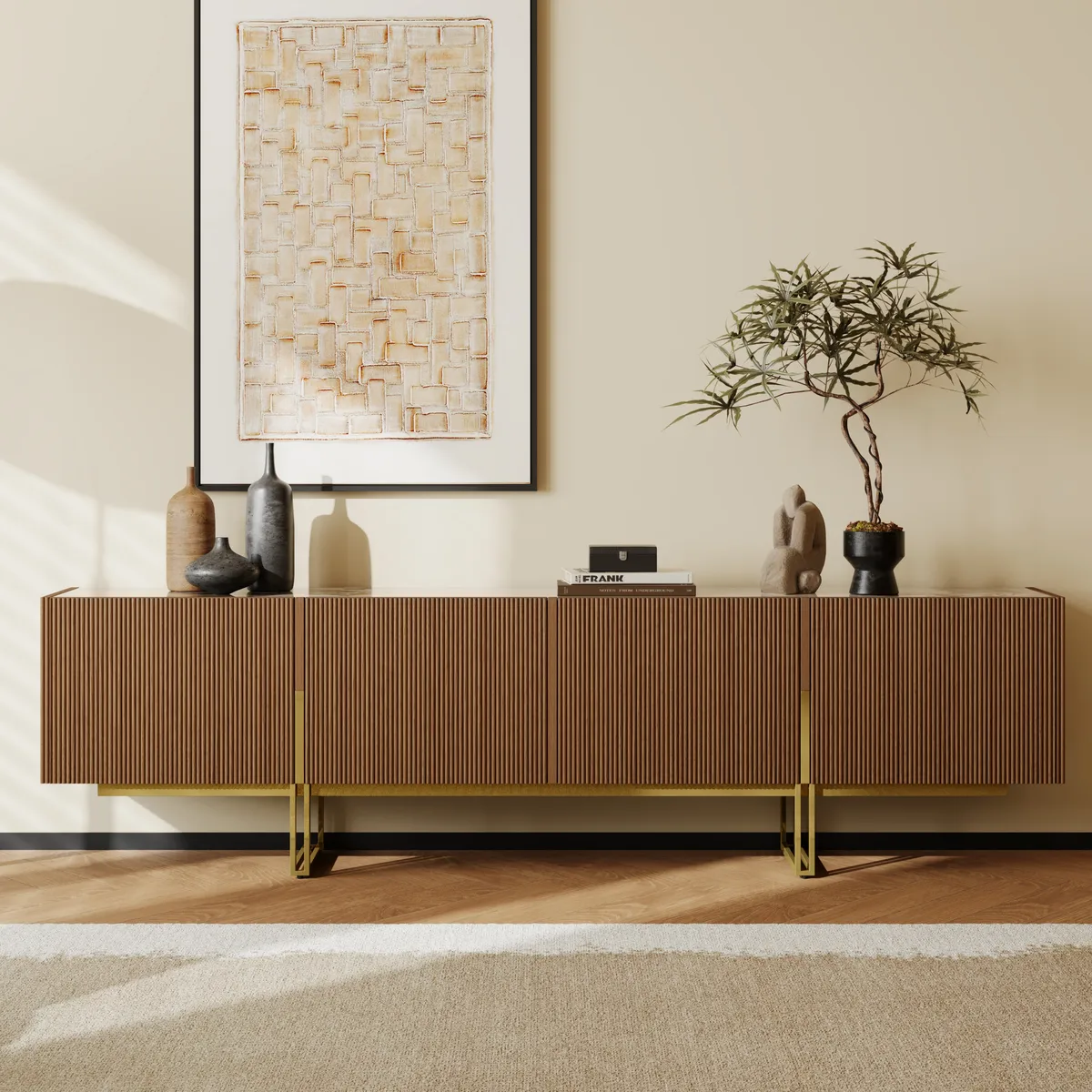 87" Stone Top Walnut TV Stand Minimalist Media Console with 4 Doors & 6 Shelves — image 4