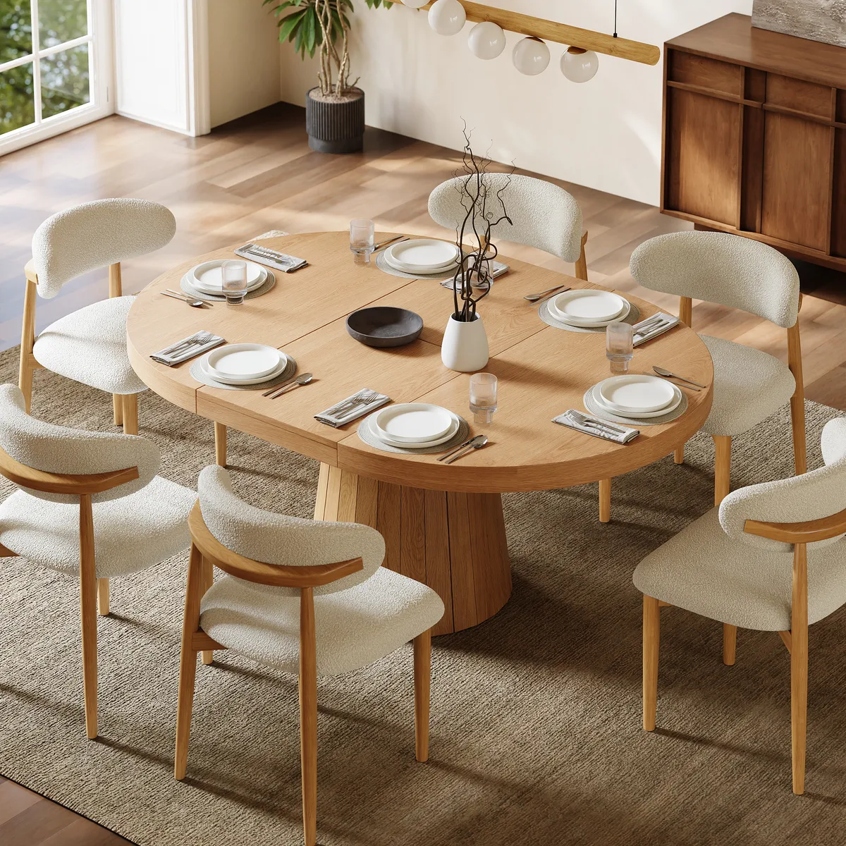 Japandi 39"-55" Extendable Dining Table for 6 White Oval&Round Table Pedestal — image 2